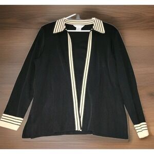 Exclusively Misook Drape Front Cardigan Sweater M  Black Tan Knit Old Money
